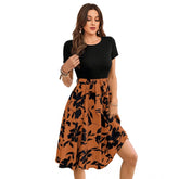 Women's Knitting Printed Round Neck Short Sleeve Dress (Orange)